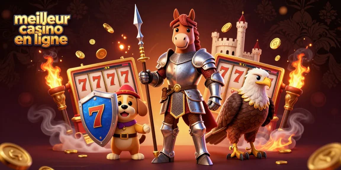 Participez à une action palpitante au meilleur casino en ligne avec un chevalier, un chiot et un faucon au milieu d'éléments de jeu vibrants.