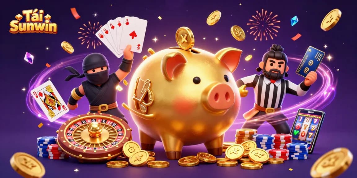 Tải Sunwin mobile gaming illustration with dynamic characters and vibrant casino elements