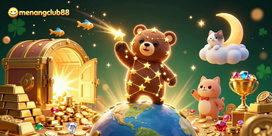 Experience the thrill of winning at menangclub88 with a dazzling 3D casino scene featuring treasures and lucky characters.