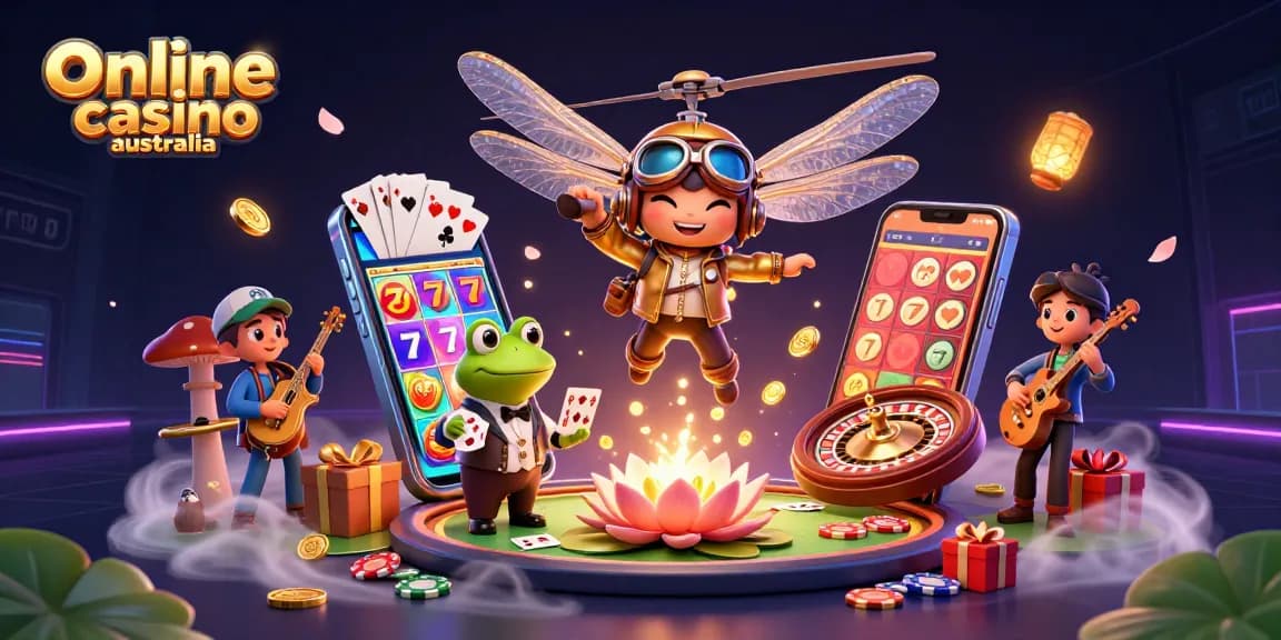 Engage with online casino Australia through vibrant 3D dragonfly pilot and frog dealer scene.