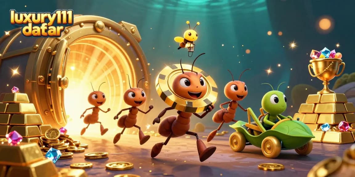 Engage in thrilling heists at luxury111 daftar, featuring 3D ants and golden poker chips.