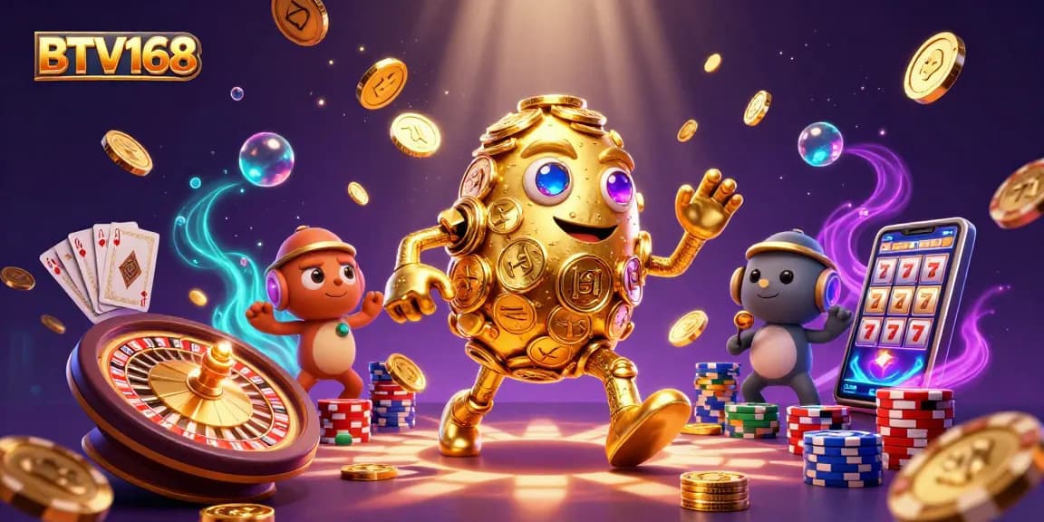 Experience the magic of BTV168 with a vibrant casino scene featuring golden golems and coins.