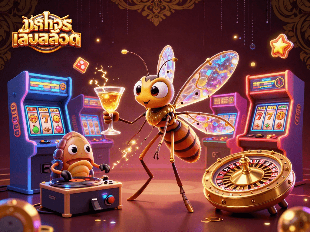 Engage in ทดลองเล่นสล็อต featuring a vibrant scene with a casino mascot and gaming elements.