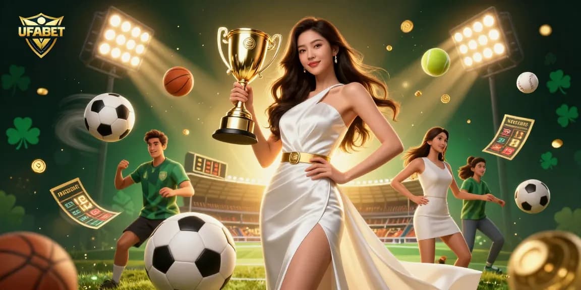 Win big with UFABET in this vibrant 3D illustration showcasing sports betting excitement and a victorious trophy holder.