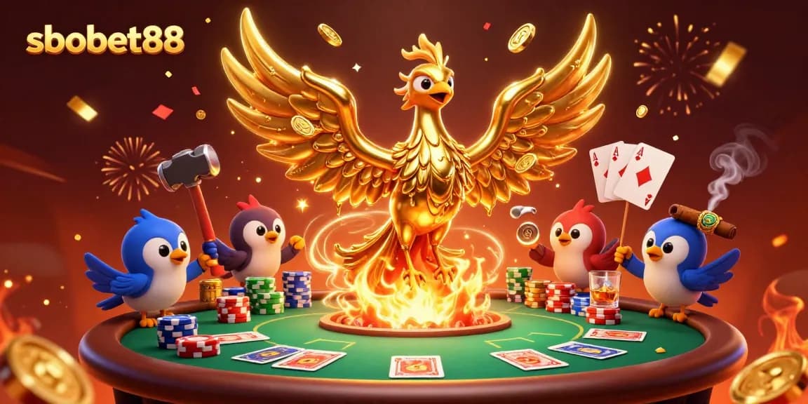 Experience sbobet88 excitement betting at a lively poker table with vibrant characters.