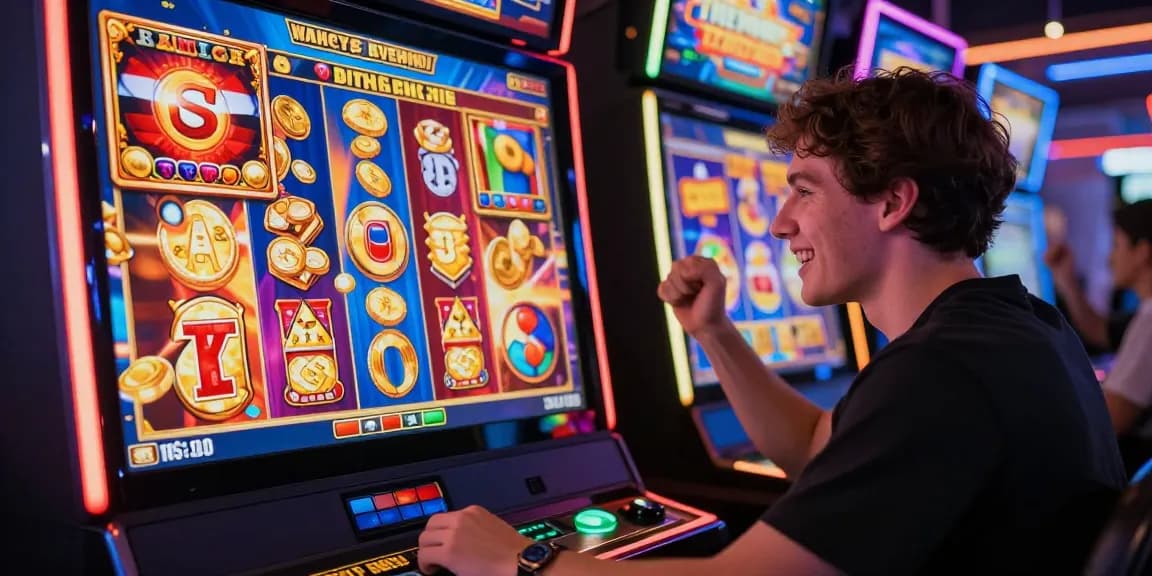 Excited player winning at online slot games with vibrant graphics and casino atmosphere.