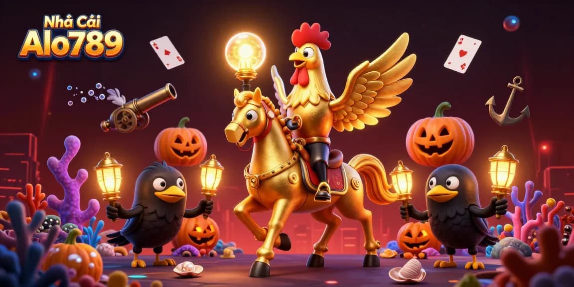 Engage with Nhà Cái Alo789 featuring an epic rooster adventure in a vibrant casino.