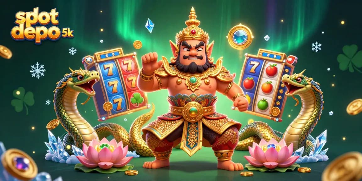 Engage with slot depo 5k in vibrant 3D scene of gaming excitement and lucky symbols.