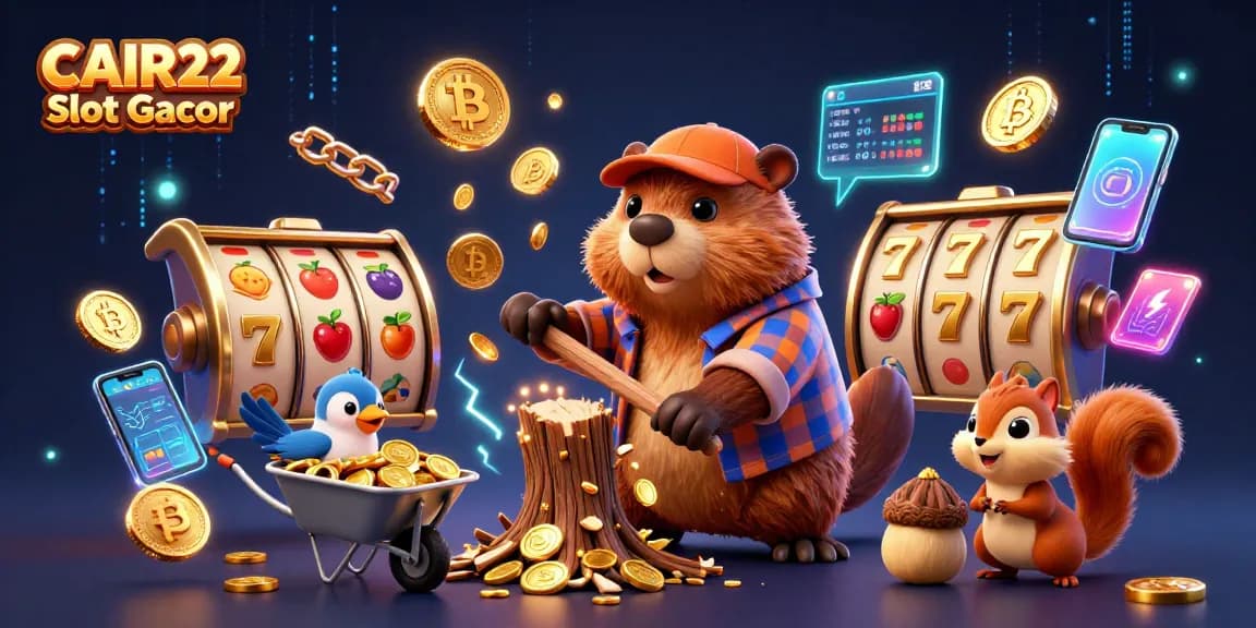 CAIR22 Slot Gacor menghadirkan ilustrasi kasinodis 3D yang meriah dengan karakter ceria dan elemen permainan slot.