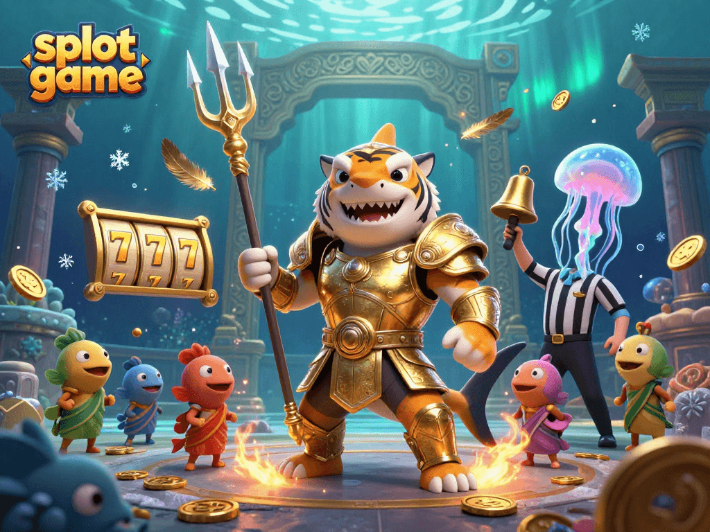 Experience thrilling slot game action with a fierce tiger shark warrior in an underwater arena.