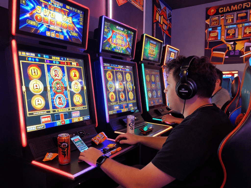 Player enjoying togel 4d online slot game in vibrant casino setup, showcasing excitement and engagement.