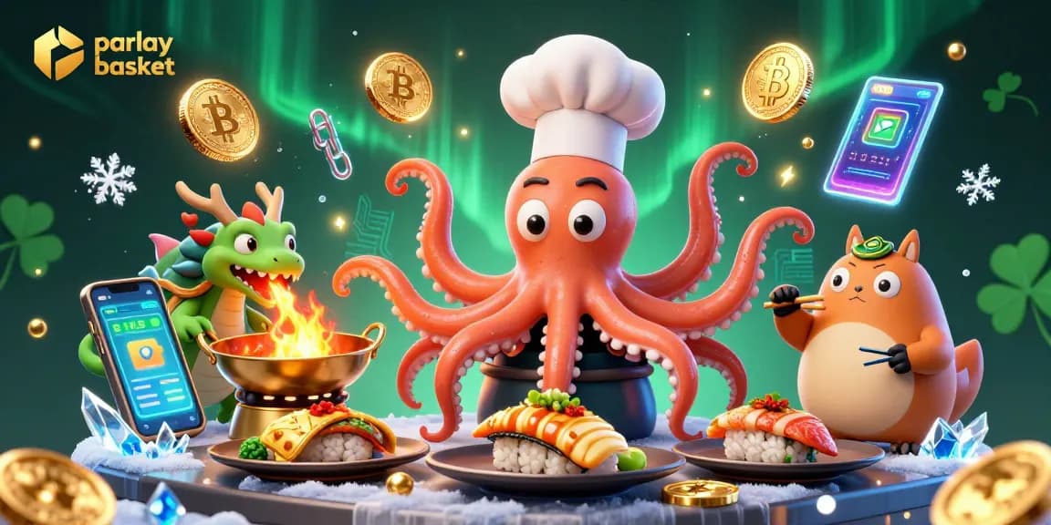 Experience thrilling parlay basket action in a vibrant 3D illustration featuring fantasy characters and cryptocurrency.