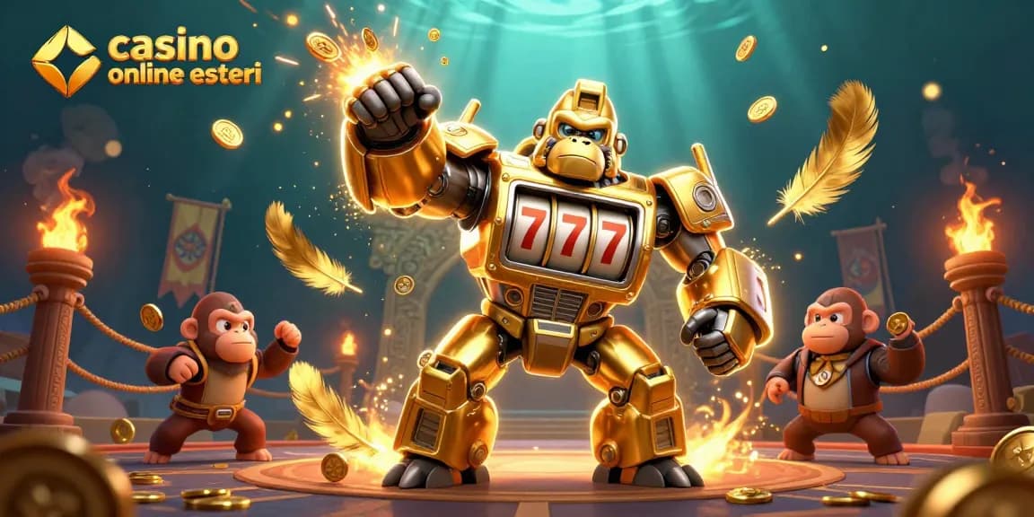 Casinò online esteri: gorilla mech in azione nel mondo dei giochi, ricco di dettagli e dinamismo.