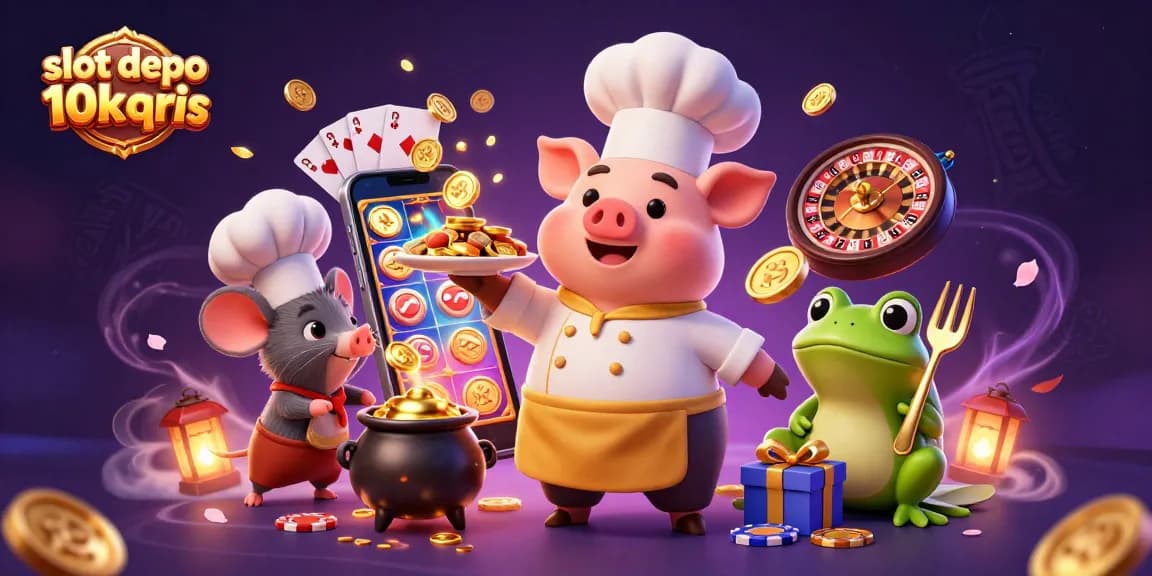 Engage with slot depo 10k qris and witness a vibrant 3D illustration featuring playful characters and dynamic casino elements.