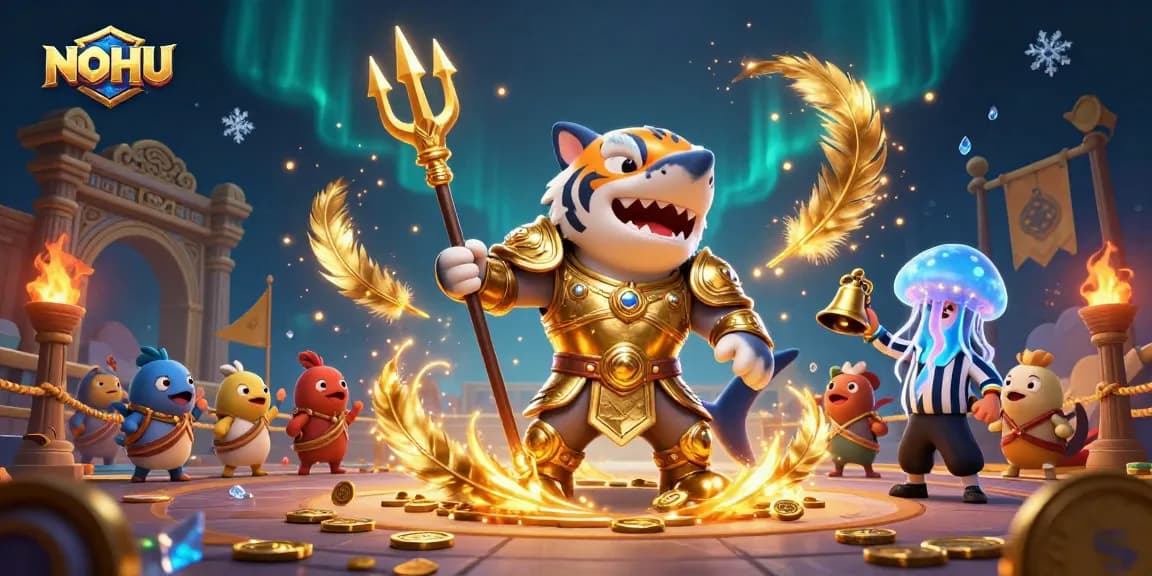 Engage with NOHU in an action-packed underwater casino scene featuring a gladiatorial tiger shark.
