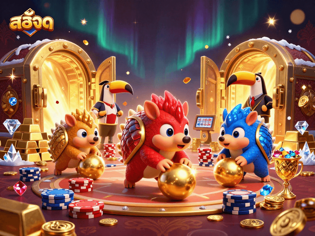 Experience thrilling สล็อต action in a vibrant 3D scene with rival pangolins and golden treasures.