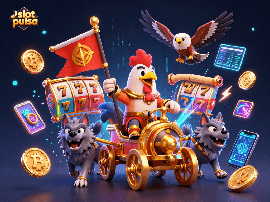 Experience the excitement of slot pulsa with a vibrant scene of cartoon characters and gambling elements.