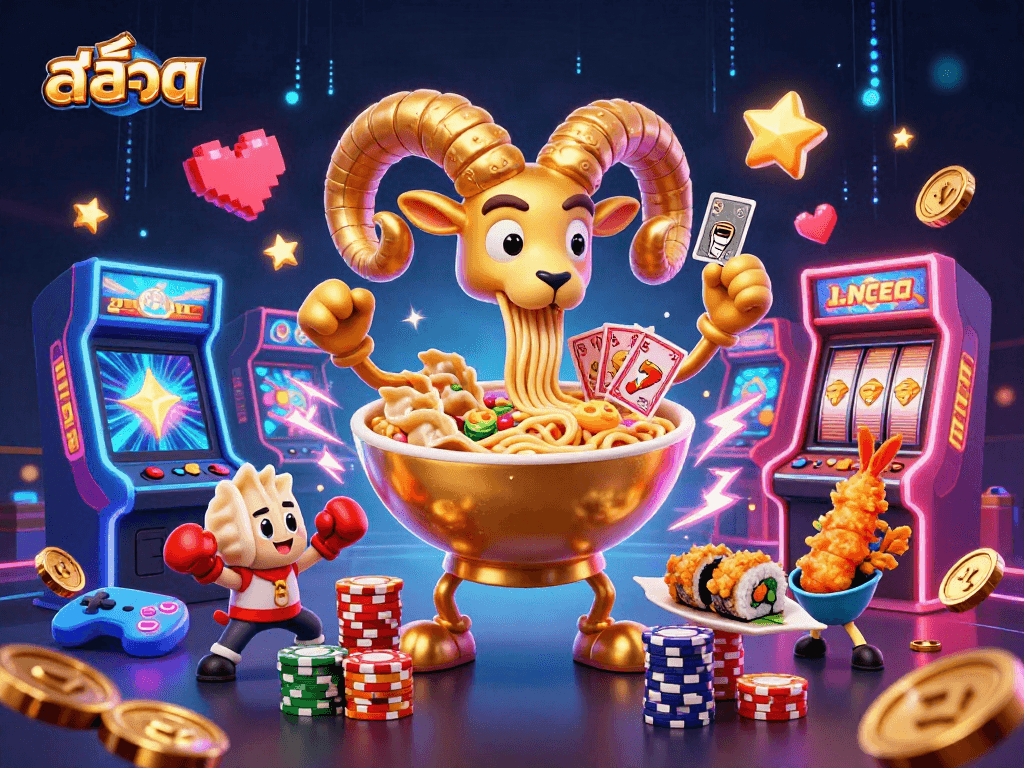 Play exciting สล็อต games with a giant ramen bowl character, neon arcade elements, and dynamic casino atmosphere.