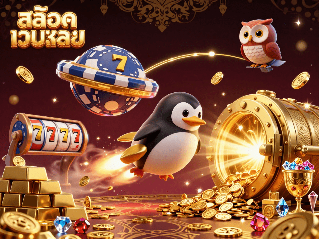 Experience สล็อตเว็บตรง gaming excitement with a golden penguin blasting to victory in a thrilling cosmic casino.