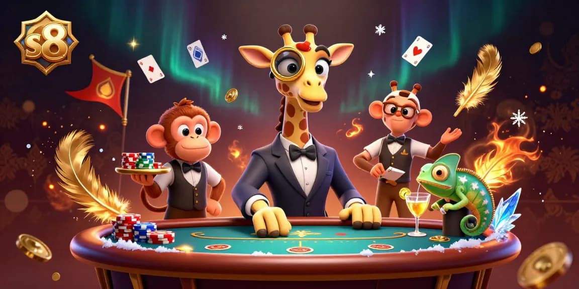 Engage in thrilling poker gameplay with the charming s8 giraffe high-roller, monkey valet, and chameleon bartender.