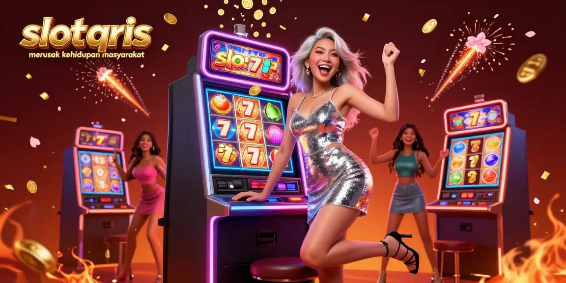 Spin slots with "slot qris merusak kehidupan masyarakat" imagery in vibrant casino setting, celebrating jackpot wins.