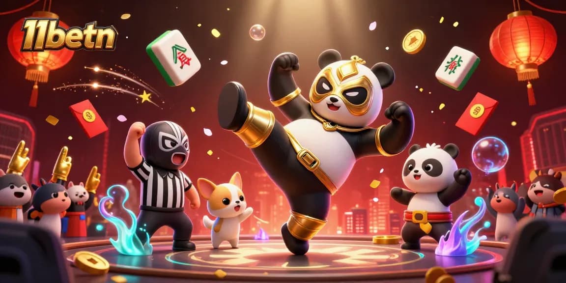 Engage with 11betn's vibrant casino scene featuring a gold-masked panda wrestler in action.
