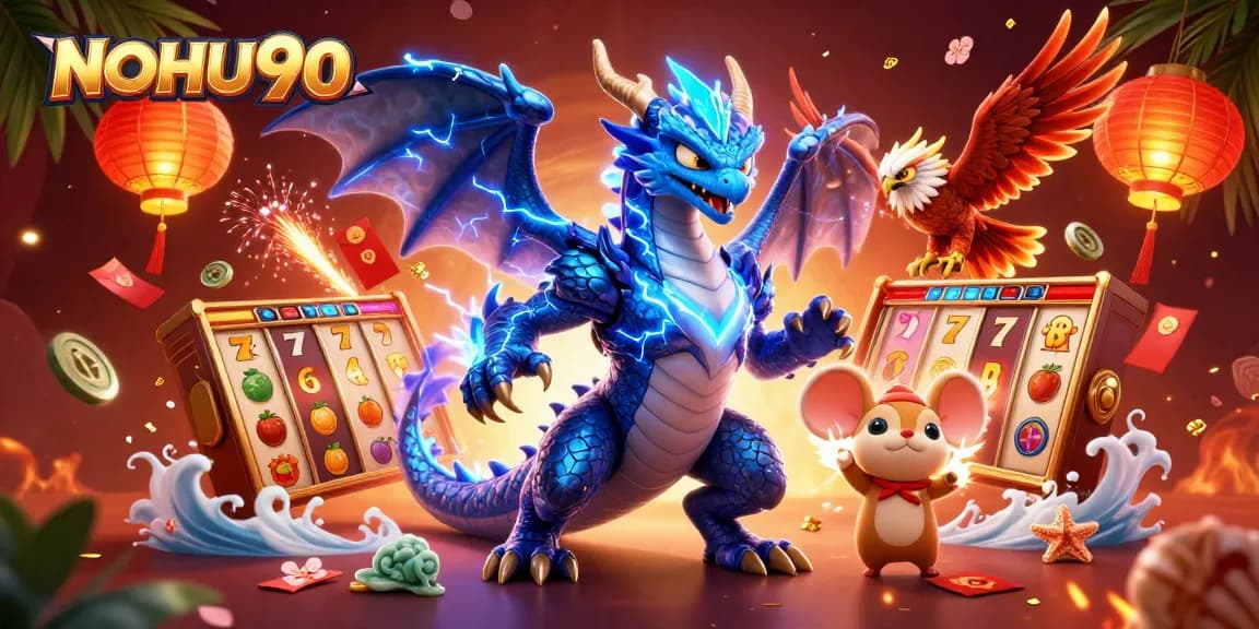Engage in thrilling slots with NOHU90's electric dragon, hawk, and mouse mascots in a vibrant casino scene.
