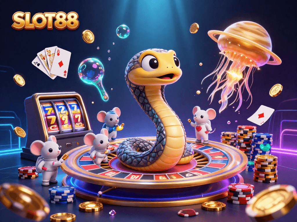 Bermain SLOT88 dengan suasana kasino memukau, dikelilingi koin emas dan simbol keberuntungan.