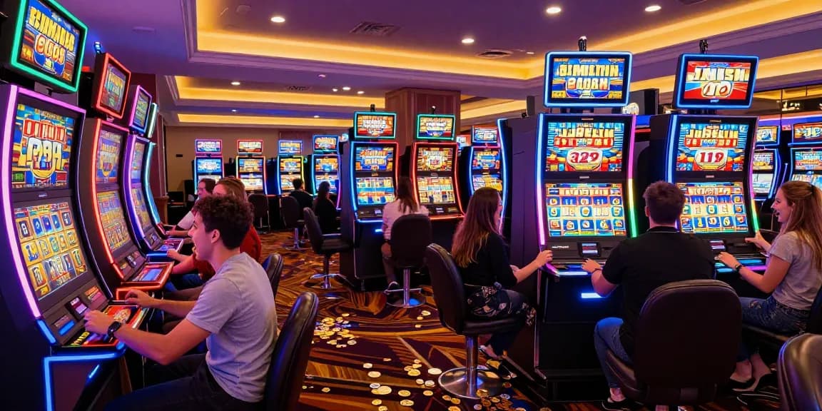 Pengalaman bermain slot di kasino dengan pemain bersemangat, mesin slot menyala dan koin tersebar.