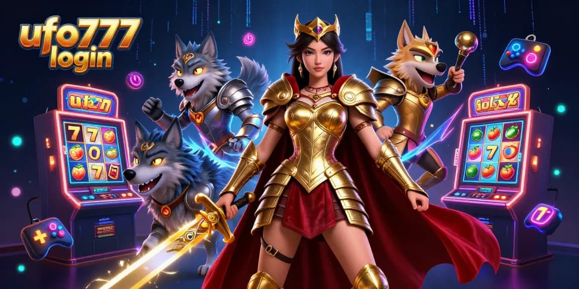 Play thrilling casino games with ufo777 login featuring a warrior queen and vibrant slot machines.
