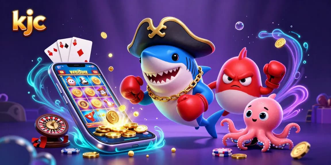 Engage with KJC’s vibrant casino animation featuring a lively pirate shark and playful octopus amidst slot games.