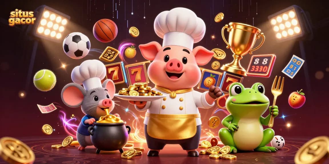 Experience situs gacor with cartoon characters showcasing gold coins and lively slot elements dynamically.