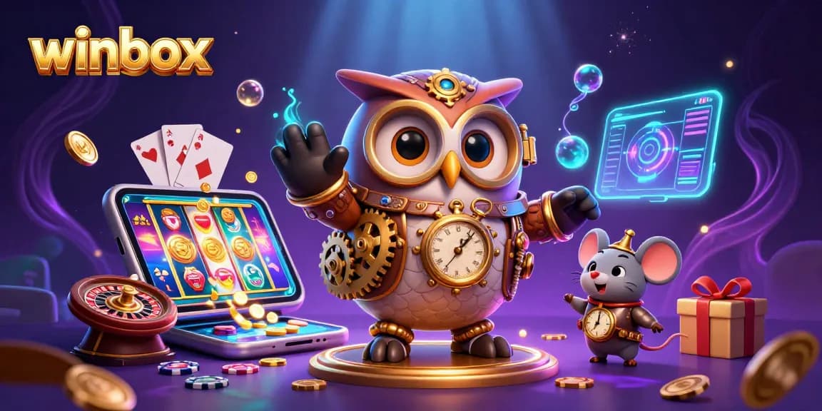 Winbox players engage with slot games and casino elements in a vibrant steampunk setting.