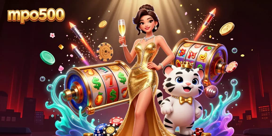 Experience the excitement of mpo500 with vibrant slot games, a glamorous hostess, and a lucky white tiger.