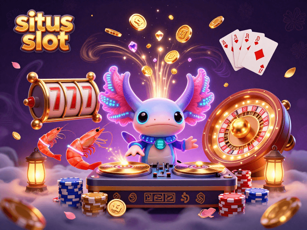 Engage with situs slot as vibrant axolotl DJ spins lucky reels and colorful poker chips in a lively casino scene.