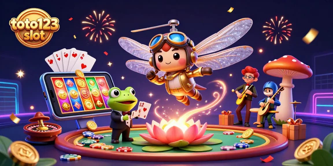 Toto123 slot offers thrilling gameplay with a lively scene of a dragonfly pilot and frog croupier in action.