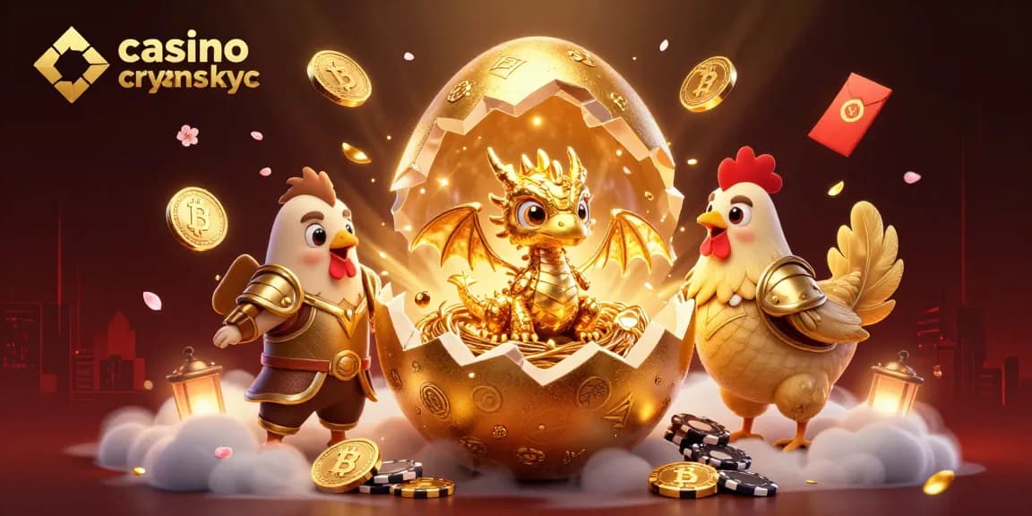 Jouer au casino crypto sans KYC avec un dragon doré et des symboles de chance au milieu d'un décor animé.