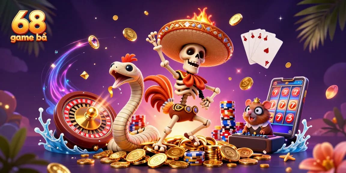 Winning at 68 game bài with thrilling excitement from a dynamic casino scene featuring colorful characters and rich rewards.