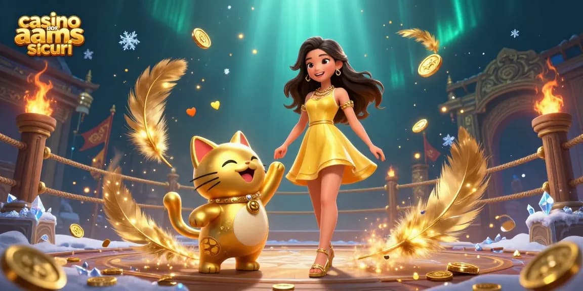 Goditi l'emozione dei casino non aams sicuri con vivaci monete d'oro e momenti fortunati rappresentati in un'illustrazione giocosa.