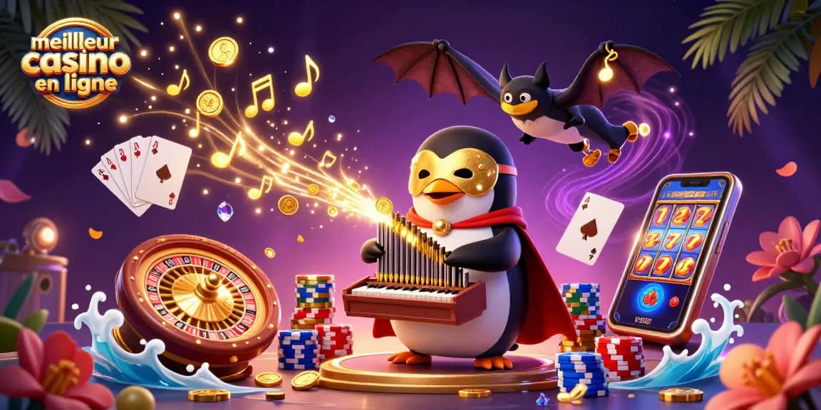 Jouez au meilleur casino en ligne avec un pingouin fantôme qui joue de l'orgue, des pièces d'or et des cartes.