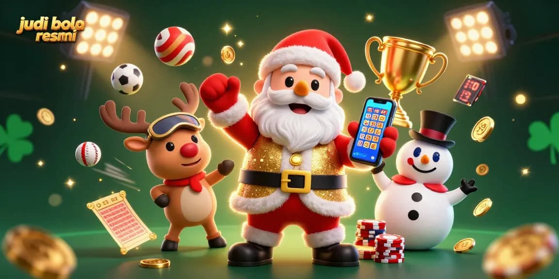 Experience the excitement of judi bola resmi with vibrant characters and dynamic sports elements in a festive casino scene.
