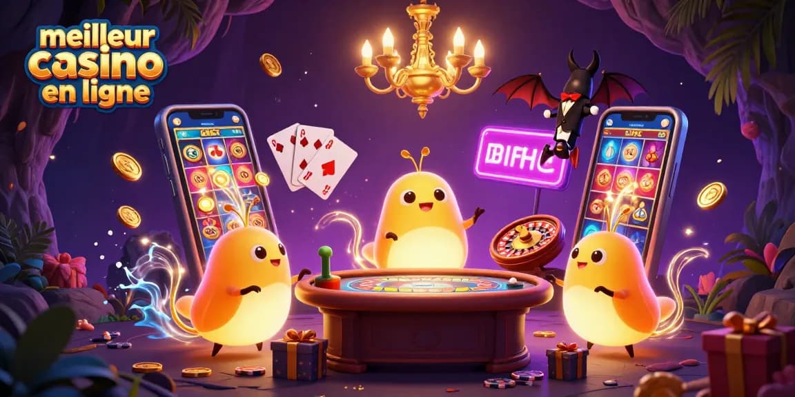 Découvrez le meilleur casino en ligne avec une scène animée de jeux et personnages captivants.