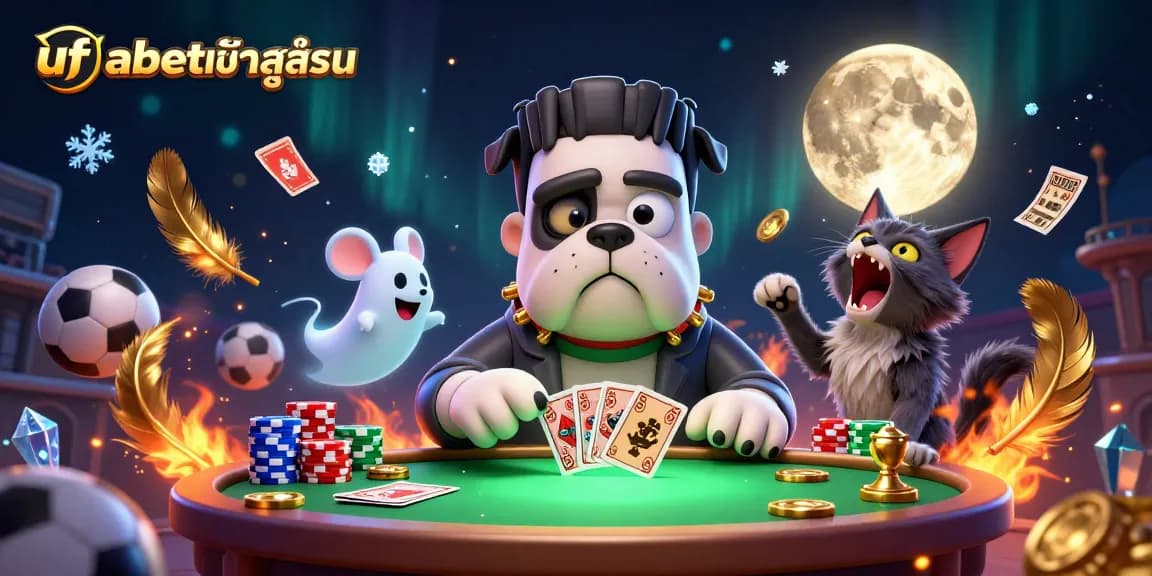 Experience ufabetเข้าสู่ระบบ with a 3D monster dealing cards at a sports betting table.