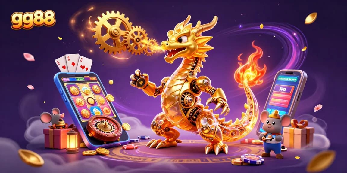 Experience the thrill of gg88 with a vivid 3D illustration showcasing a golden dragon and slot games.
