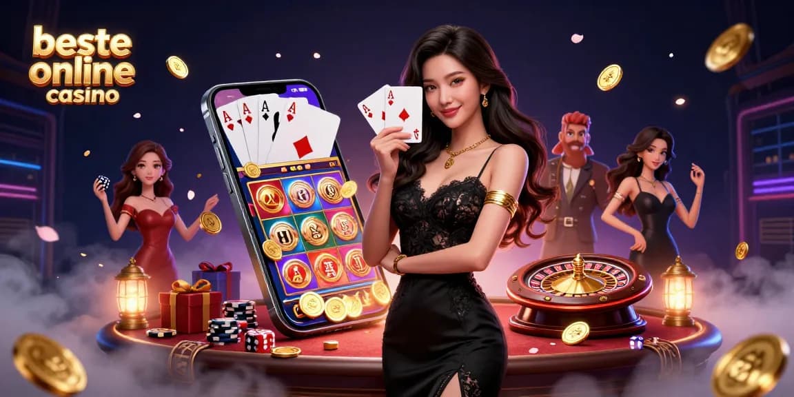 Win big at the beste online casino with joyful Asian woman holding playing cards, vibrant casino elements.