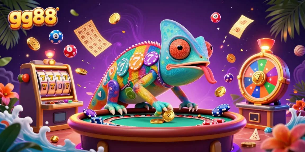 Experience vibrant gaming at gg88 with a chameleon casino owner and dynamic lottery elements.