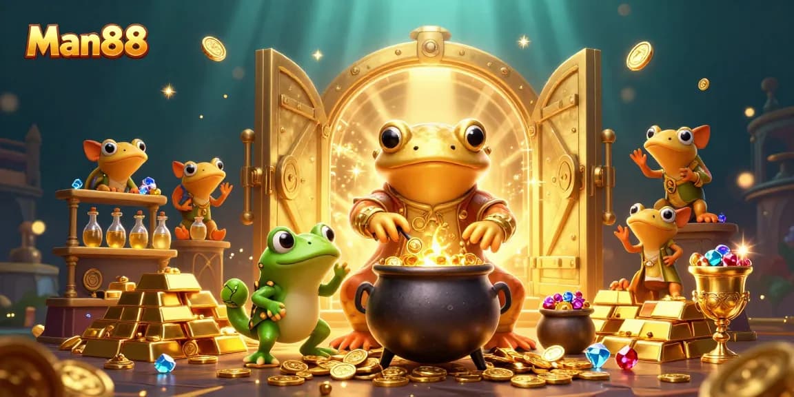Man88 captures thrilling gameplay with a golden alchemist scene teeming with riches and excitement.