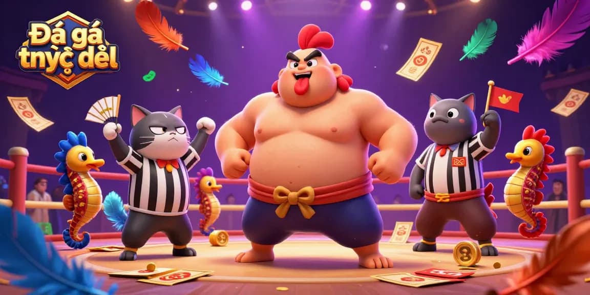 Experience the excitement of Đá gà trực tiếp with an epic cockfighting scene featuring lively characters and dynamic elements.
