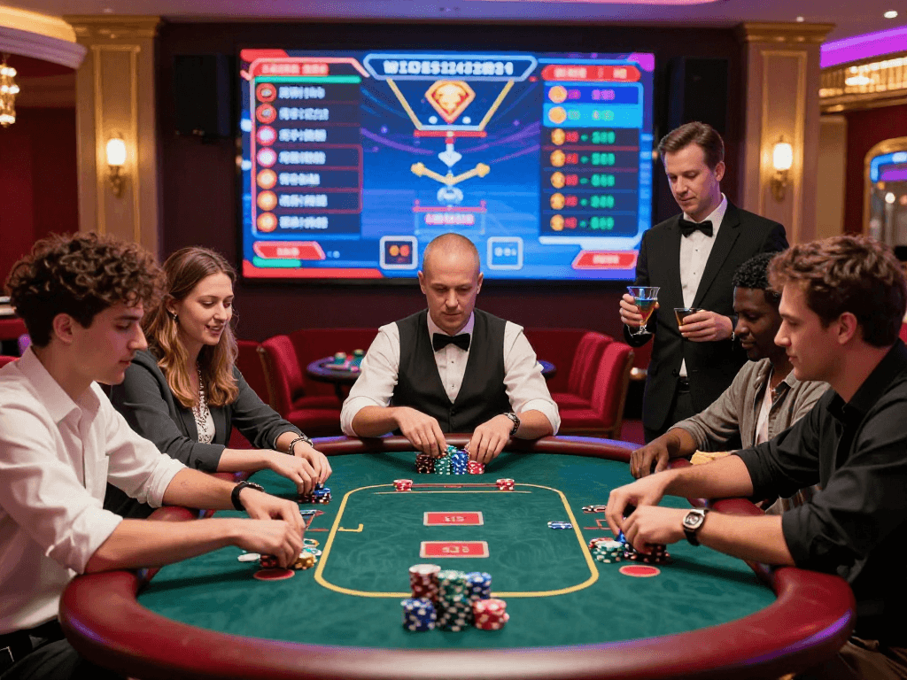 Experience the excitement of rokok88 at a vibrant poker table in an upscale casino.