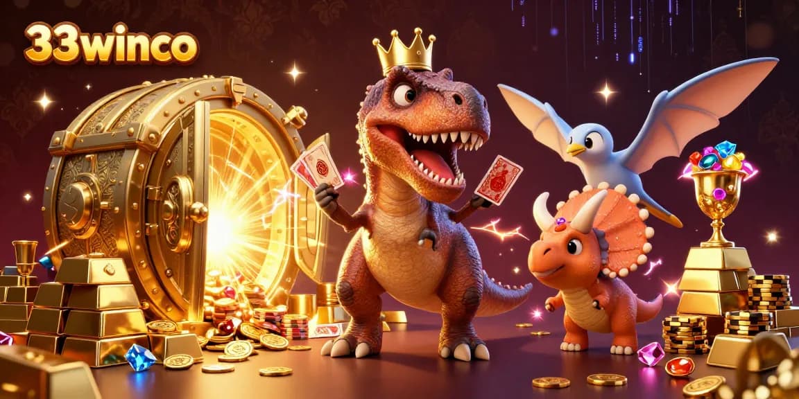 Engage with thrilling casino action at 33winco featuring a T-Rex card shuffling while a pterodactyl assists in a vibrant 3D setting.